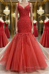 Mermaid Red Tulle Lace Long Prom Dresses, Mermaid Red Formal Dresses, Red Lace Evening Dresses